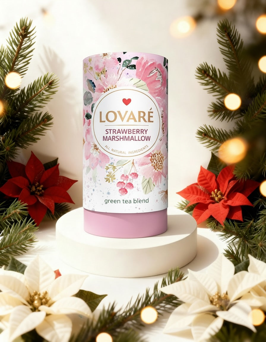 Lovaré Strawberry Marshmallow Green Tea – Premium Loose Leaf Tea with Strawberry & Cornflower Petals