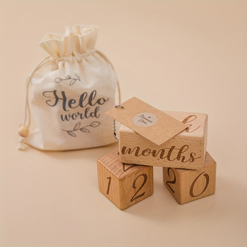 🌙 Wooden Baby Milestone Blocks Set – Light Brown