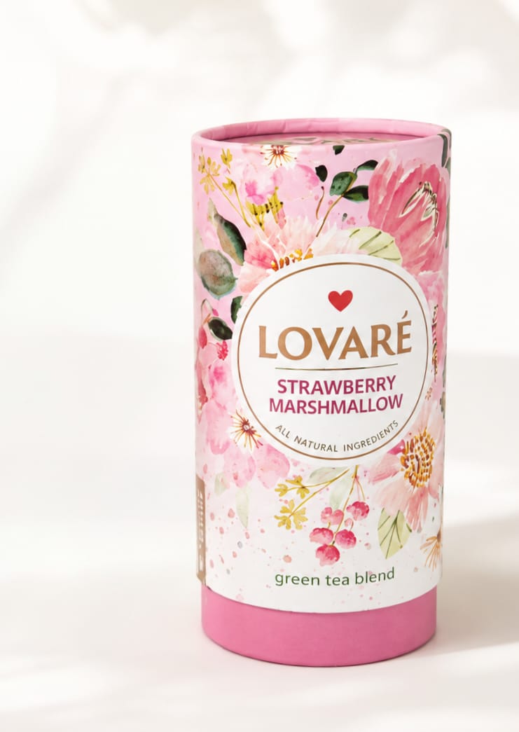 Lovaré Strawberry Marshmallow Green Tea – Premium Loose Leaf Tea with Strawberry & Cornflower Petals