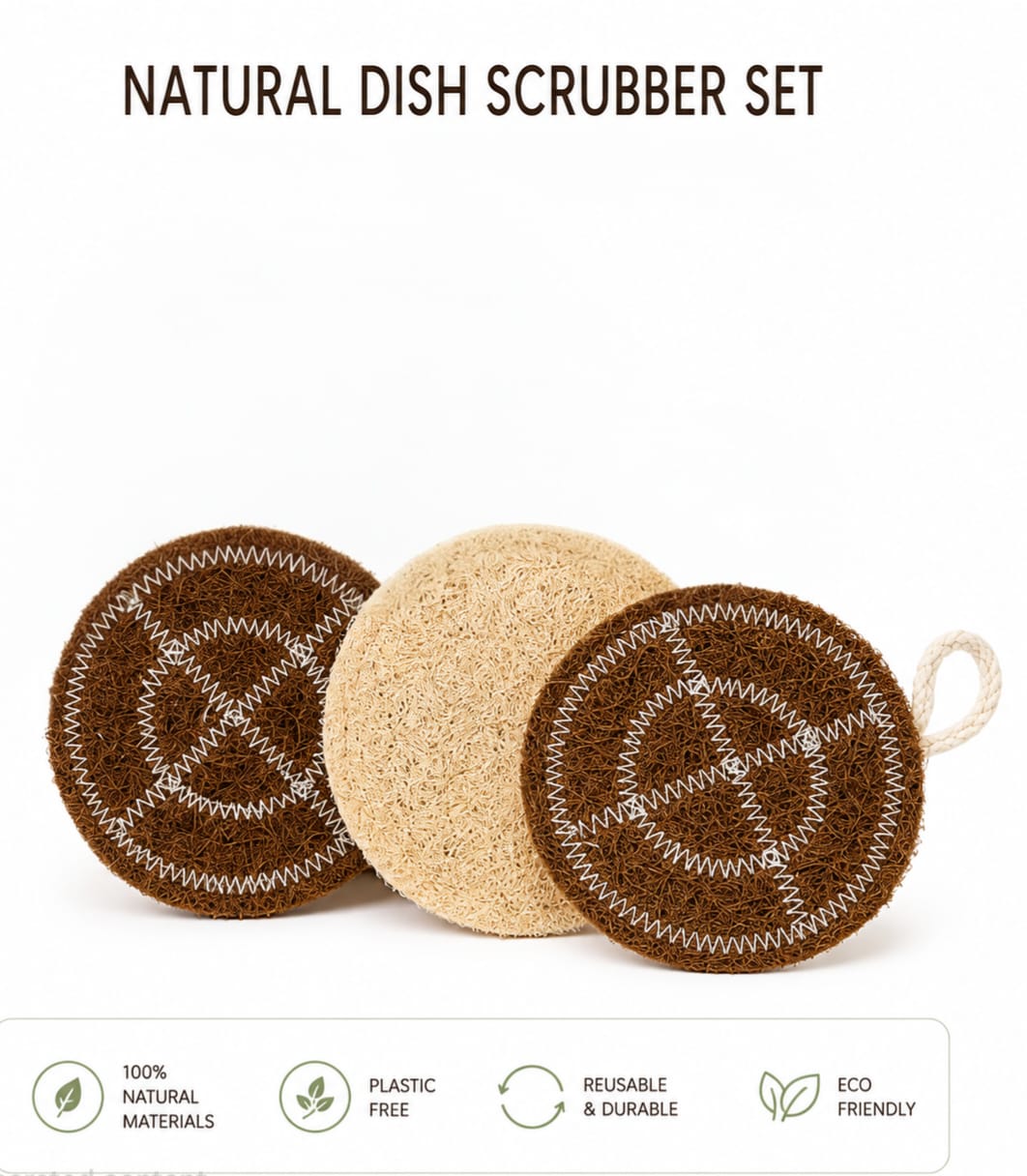 Natural Cleaning Sponge Set – 3 Piece Coconut & Loofah Kitchen Sponges – Plastic-Free, Reusable & Compostable