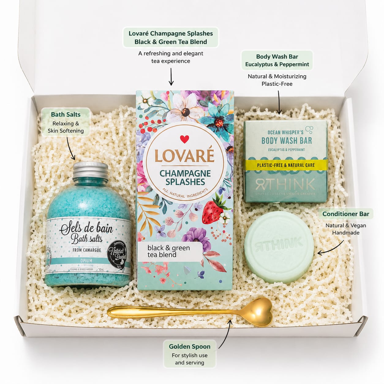 Luxury Wellness Gift Set – Champagne Splashes Tea, Opium Bath Salt & Eucalyptus Mint Shower Bar