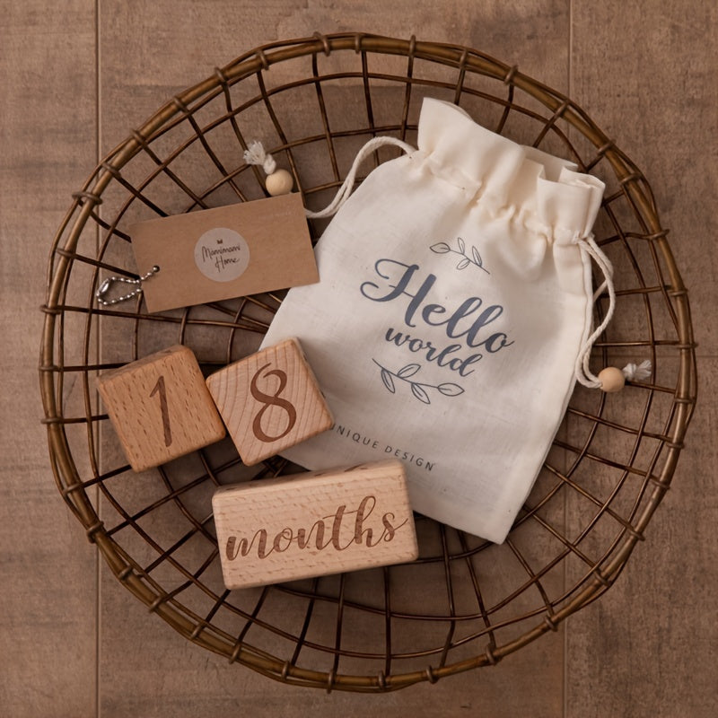 🌙 Wooden Baby Milestone Blocks Set – Light Brown