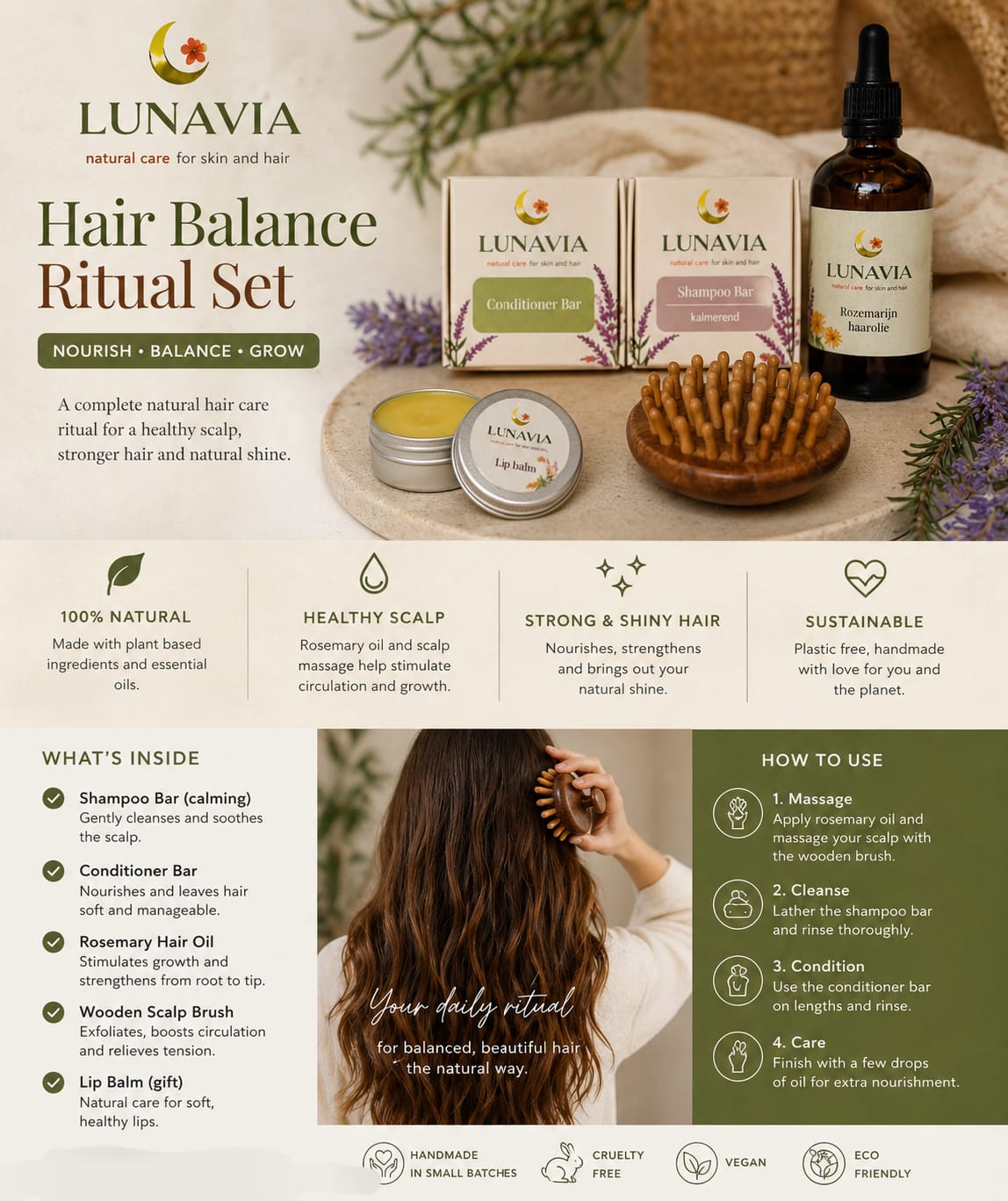 Natural Hair Growth and Scalp Care Kit – Rosemary Hair Oil, Shampoo Bar, Conditioner & Scalp Massage Brush