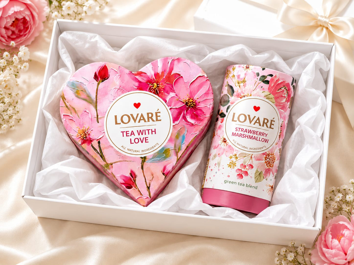 Lovaré Tea With Love Gift Set – Luxury Tea Gift Box & Strawberry Marshmallow Green Tea
