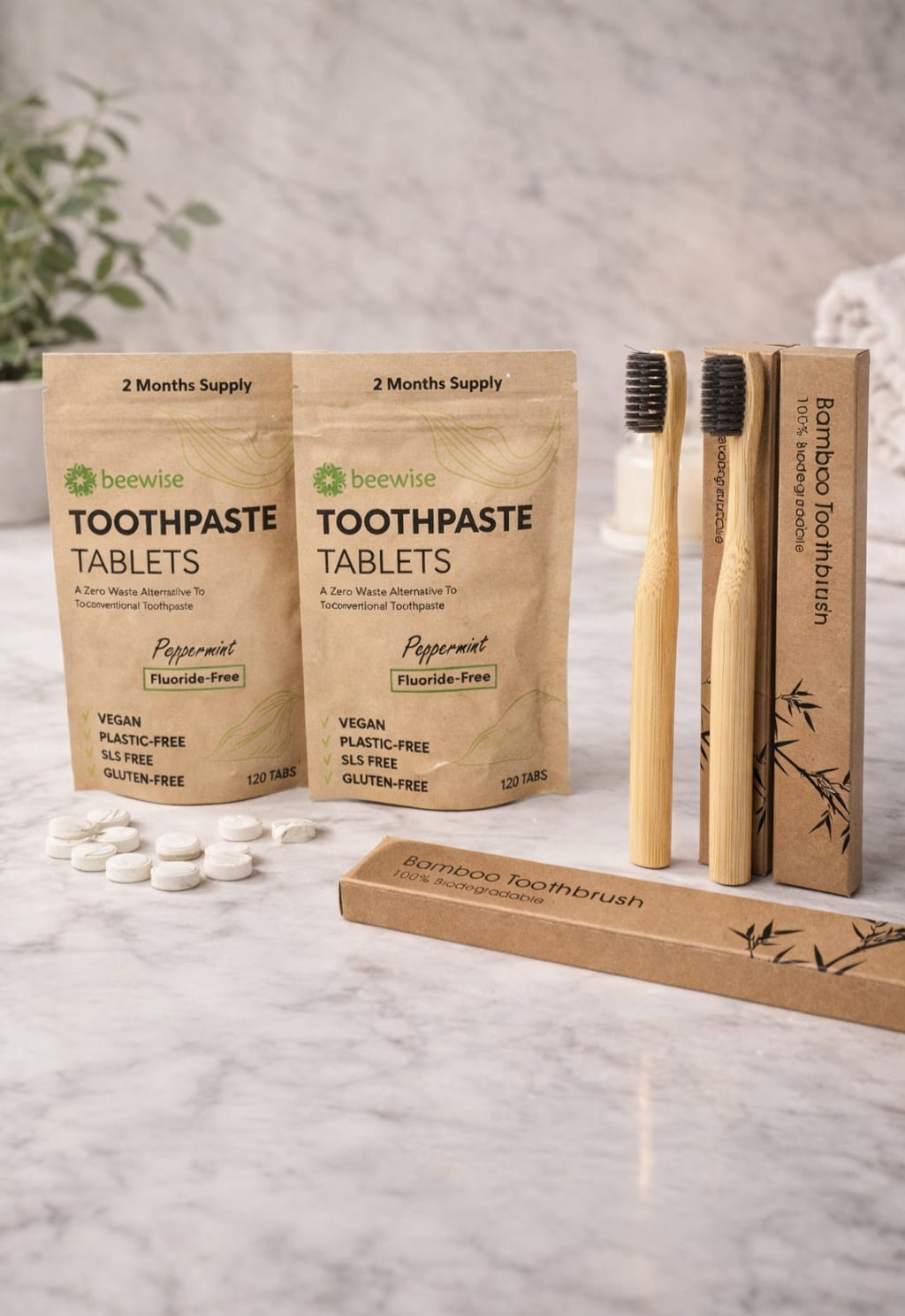 Eco Oral Care Set – 2 Bamboo Toothbrushes + 2 Packs Plastic-Free Vegan Toothpaste Tablets (120 Tabs) – SLS-Free, Zero Waste, Sustainable Oral Hygiene