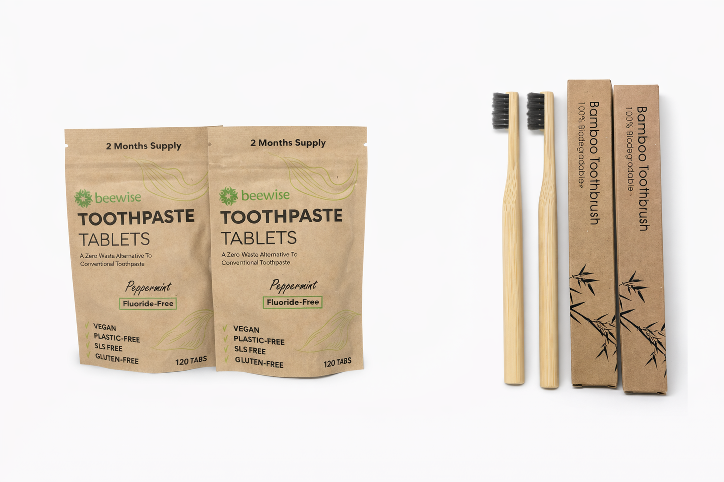 Ecologische mondverzorgingsset – 2 bamboe tandenborstels + 2 pakjes plasticvrije veganistische tandpastatabletten (120 tabletten) – SLS-vrij, afvalvrij, duurzame mondhygiëne
