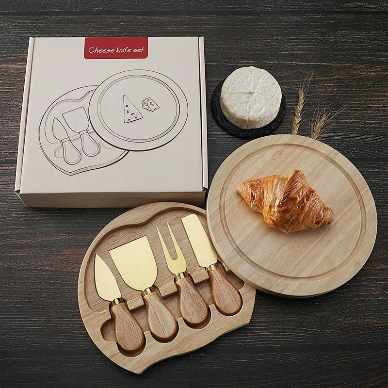 Rubber Wood Cheese Board Set with Stainless Steel Knives