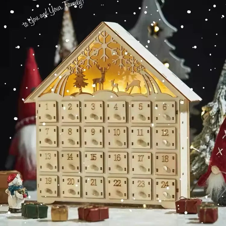 Wooden Christmas Countdown Calendar Ornament with Lights