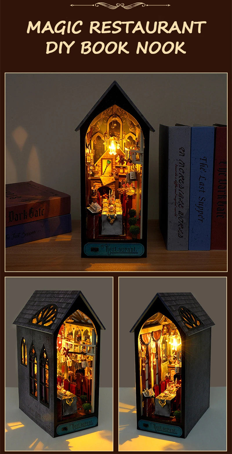 Retro DIY Wooden Book Nook – Magic Restaurant Shelf Insert