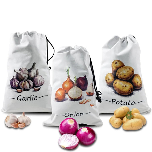 3 Pack Canvas Vegetable Storage Bags - Reusable Drawstring Organizer for Potato Onion Garlic