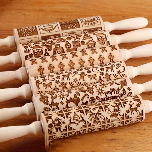 Arjmide Embossed Wooden Christmas Rolling Pin