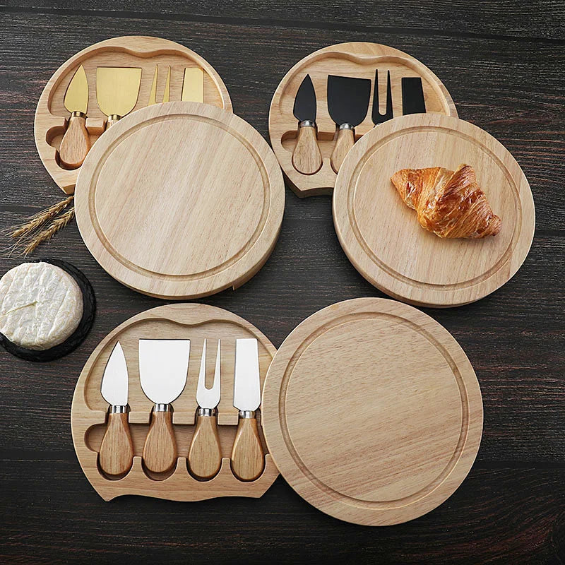 Rubber Wood Cheese Board Set with Stainless Steel Knives