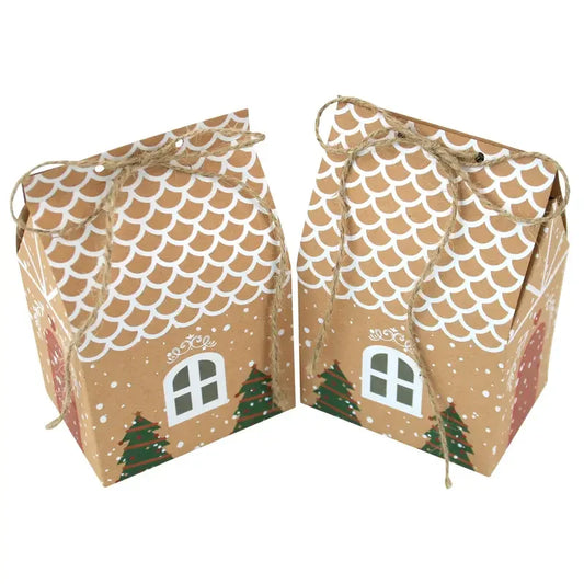 12pcs Christmas Kraft Paper Candy Gift Boxes with Rope, Cartoon House Party Favor Bags for 4th of July, Harvest, Winter Holidays