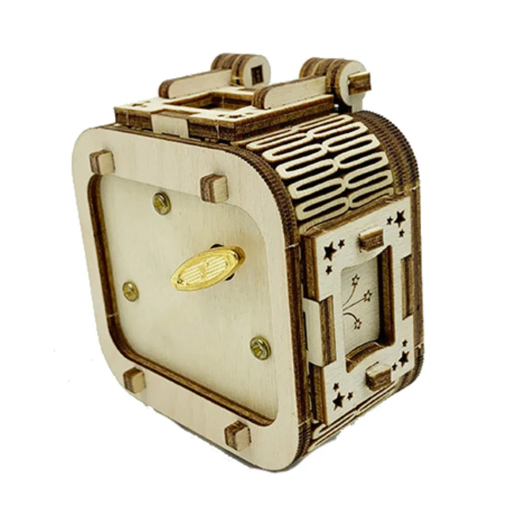 3D DIY music box puzzle – close-up of the intricate wooden components and spring mechanism.
