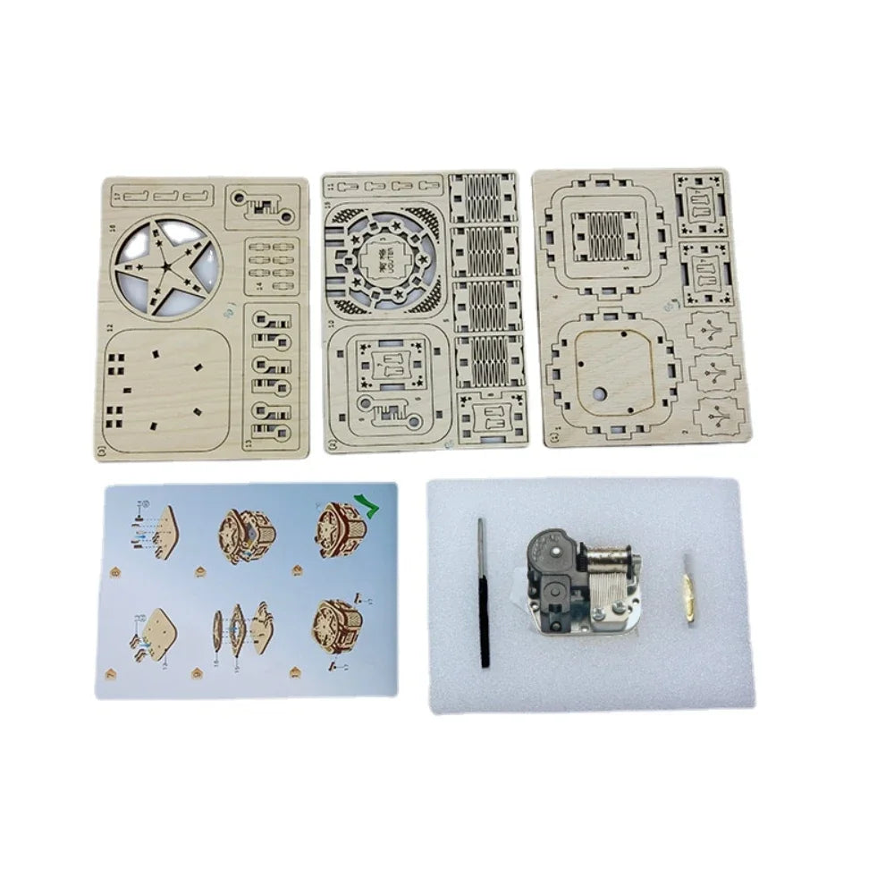 3D DIY music box puzzle components including wooden sheets, instructions, and mechanical music box parts.