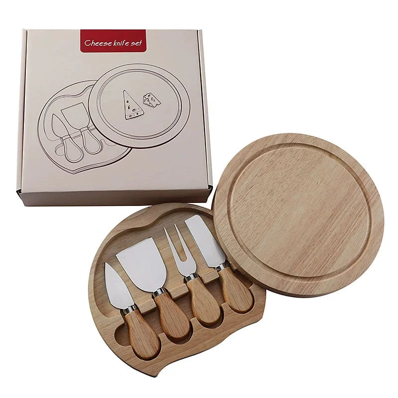 Rubber Wood Cheese Board Set with Stainless Steel Knives