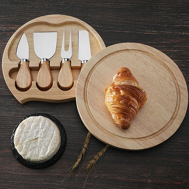 Rubber Wood Cheese Board Set with Stainless Steel Knives