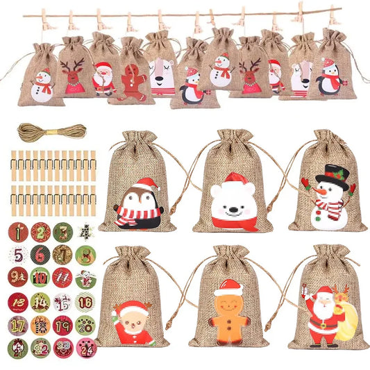 24pcs Christmas Countdown Gift Bags Set – Reusable Fabric Advent Calendar with Number Stickers, Clips & Hemp Rope
