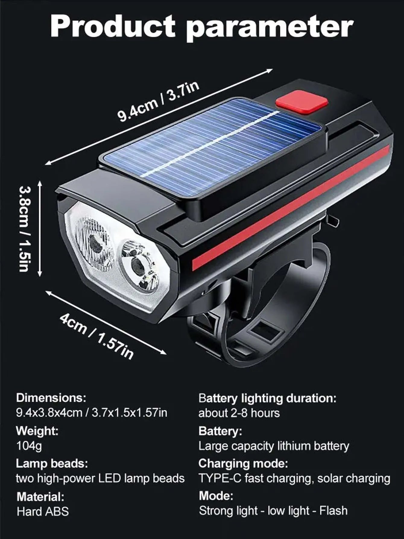 Solar Bike Headlight with Horn & Power Display