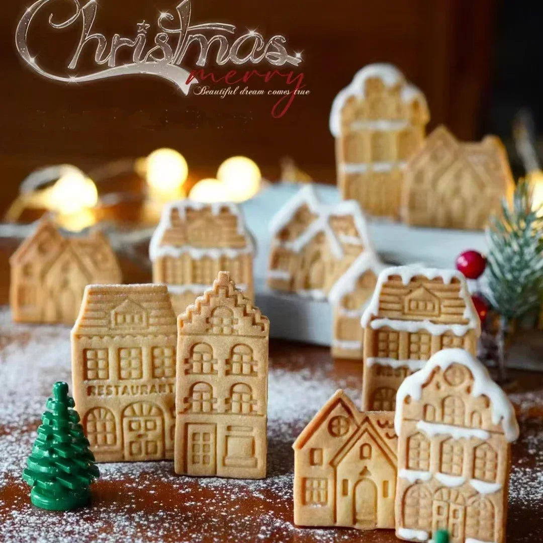 4Pcs Christmas Gingerbread House Pattern Cookie Cutter Biscuit Stamp
