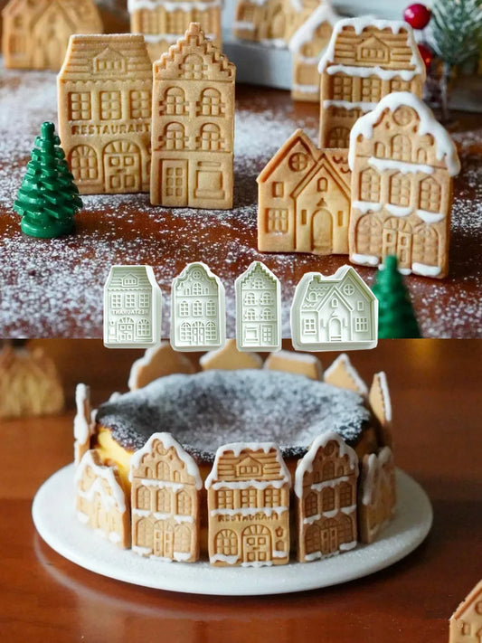 4Pcs Christmas Gingerbread House Pattern Cookie Cutter Biscuit Stamp