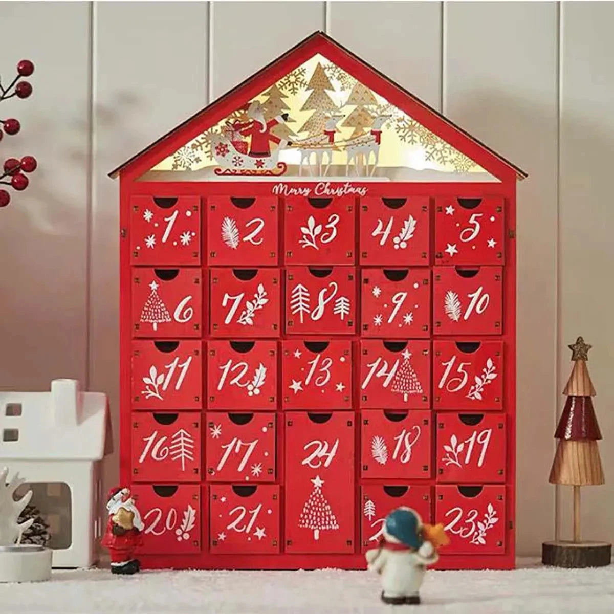 Wooden Christmas Countdown Calendar Ornament with Lights