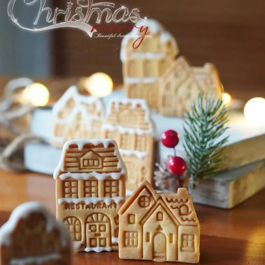 4Pcs Christmas Gingerbread House Pattern Cookie Cutter Biscuit Stamp