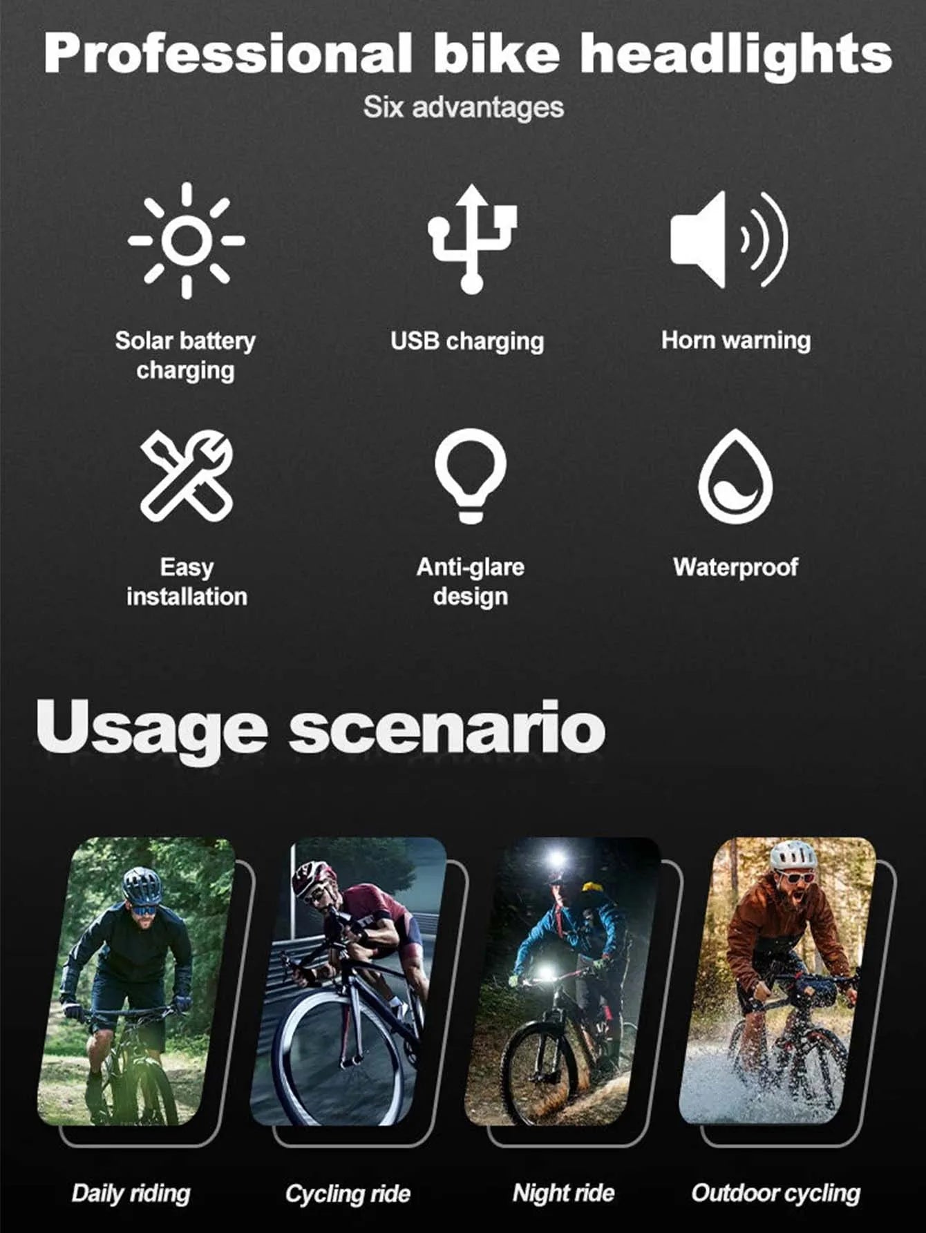 Solar Bike Headlight with Horn & Power Display