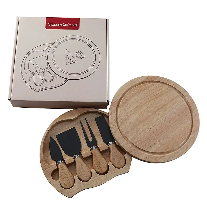 Rubber Wood Cheese Board Set with Stainless Steel Knives