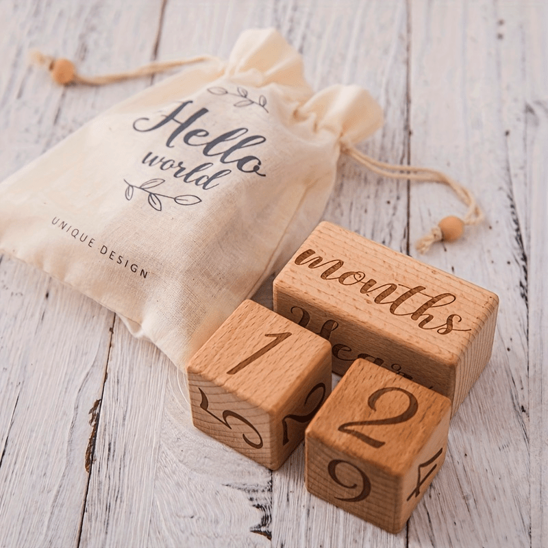 🌙 Wooden Baby Milestone Blocks Set – Light Brown