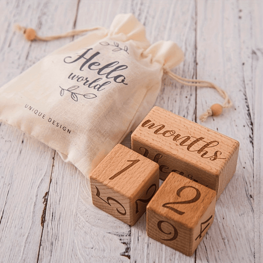 🌙 Wooden Baby Milestone Blocks Set – Light Brown