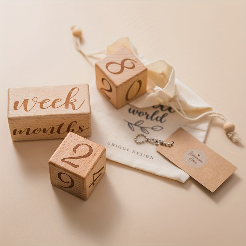 🌙 Wooden Baby Milestone Blocks Set – Light Brown