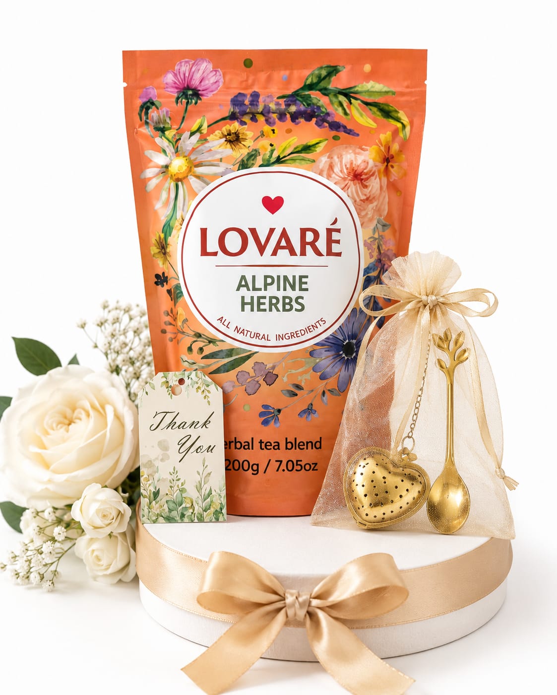 Lovaré Alpine Herbs Luxury Tea Gift Set – 200g Loose Herbal Tea with Gold Heart Infuser & Gold Spoon