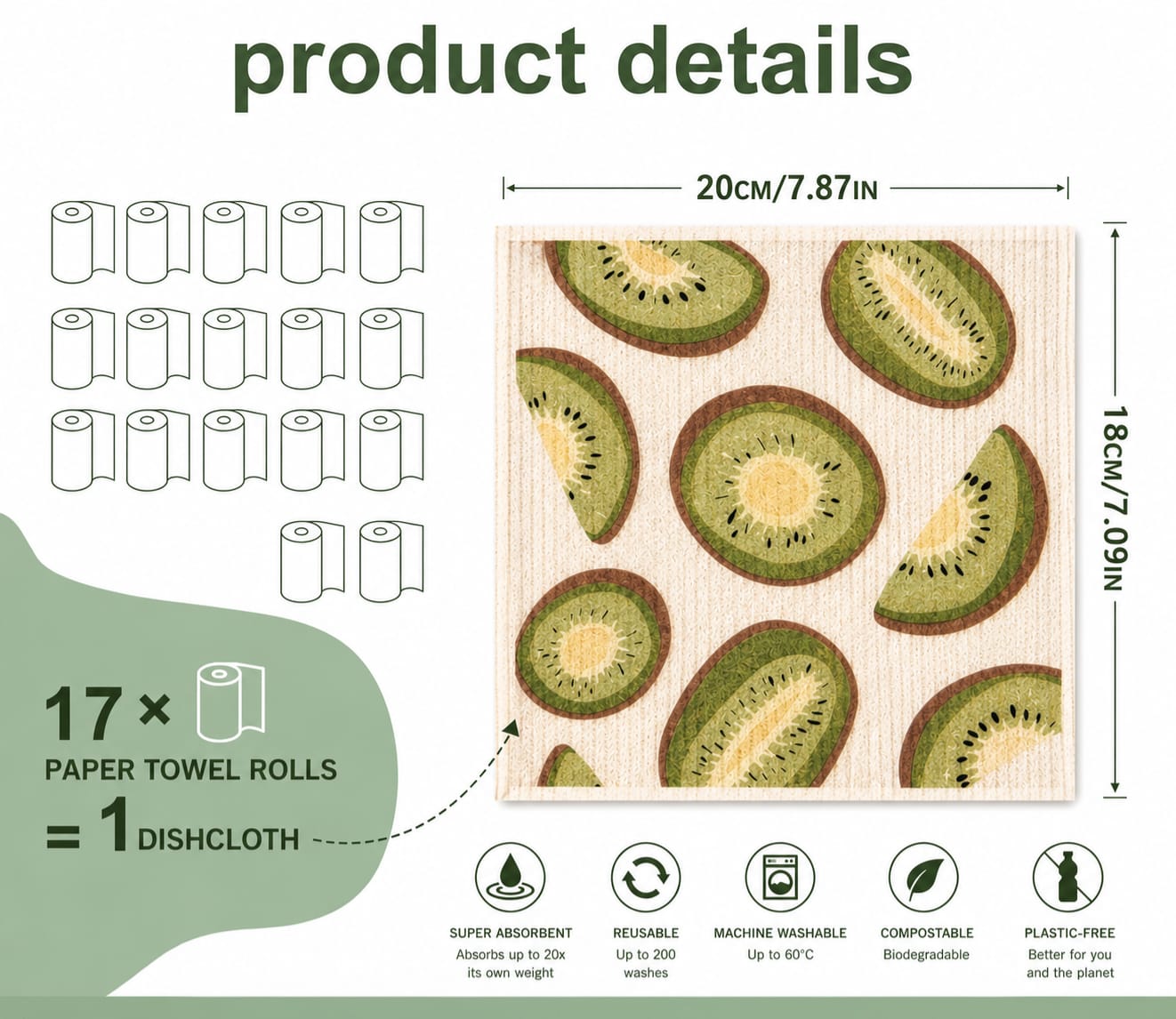 Swedish Dish Cloths 2-Pack – Reusable Cleaning Cloths – 20×18 cm – Kiwi & Lemon