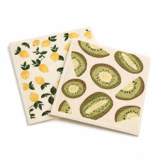 Swedish Dish Cloths 2-Pack – Reusable Cleaning Cloths – 20×18 cm – Kiwi & Lemon