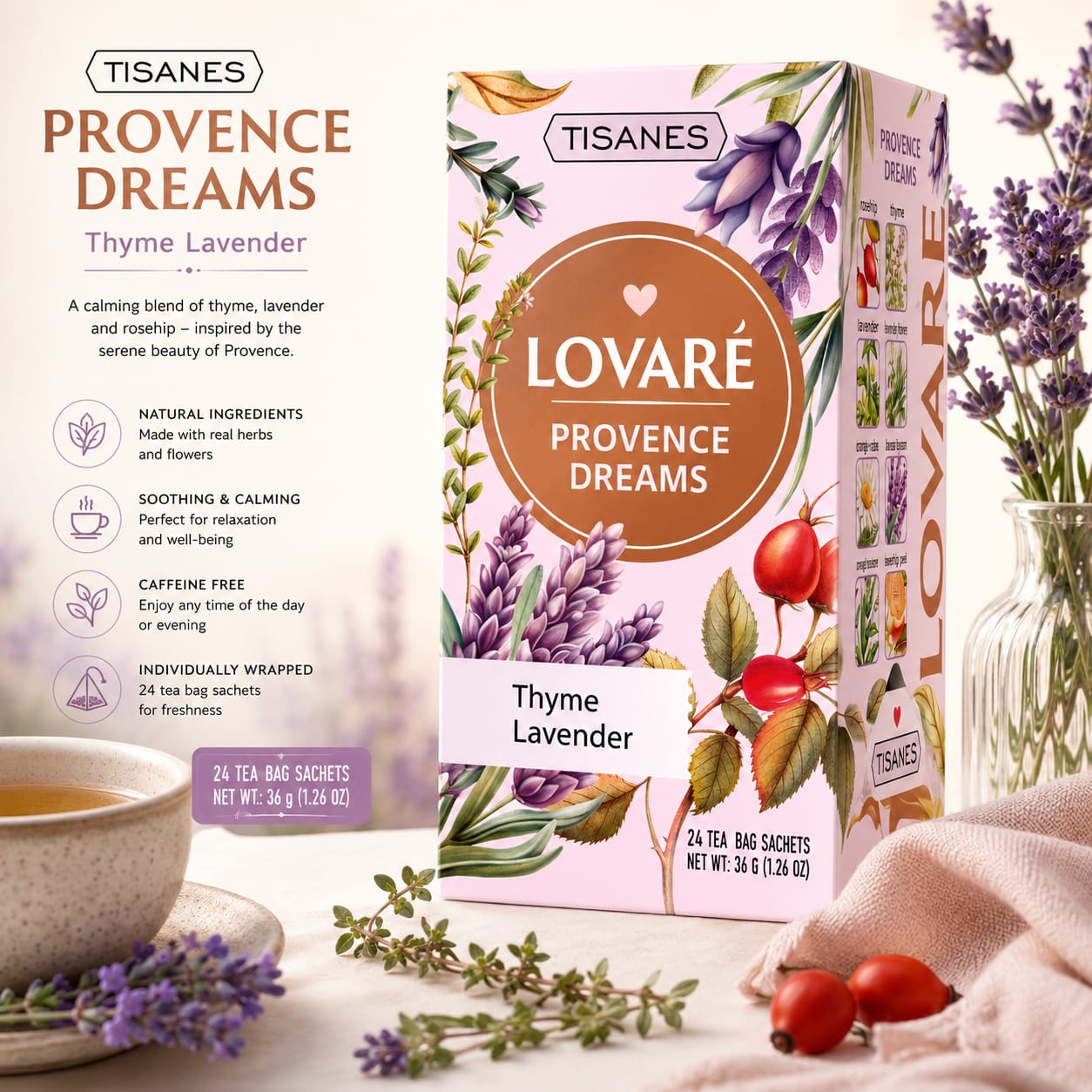 Lovaré Provence Dreams Herbal Tea | 24 Pyramid Tea Bags | Lavender Herbal Infusion