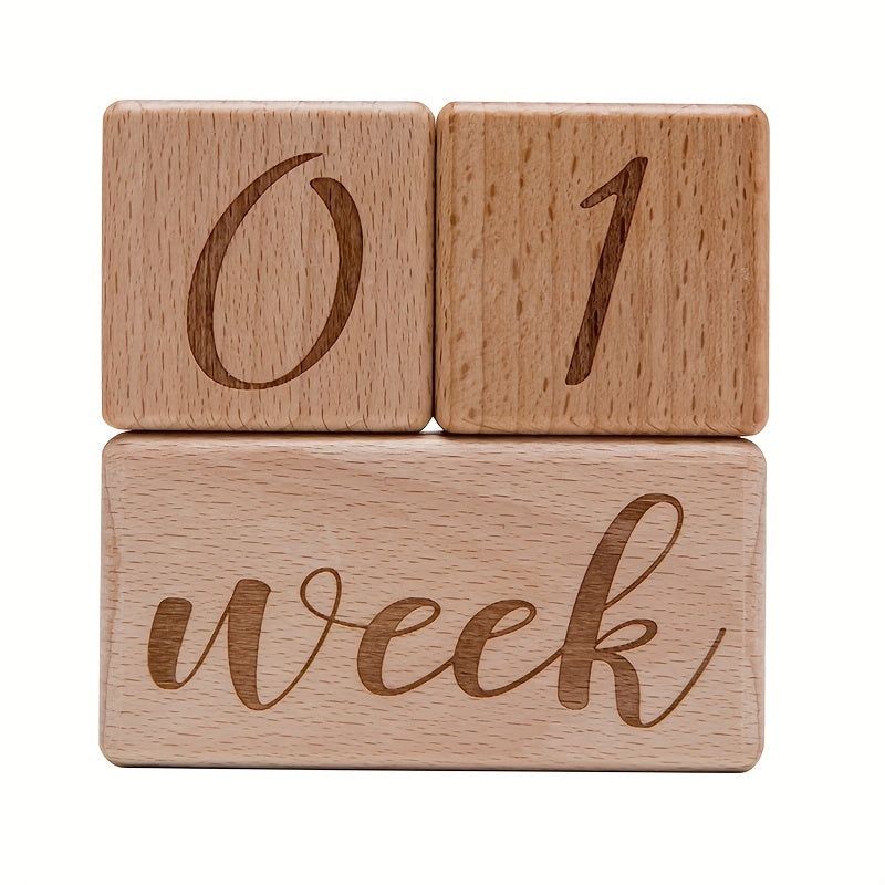 🌙 Wooden Baby Milestone Blocks Set – Light Brown