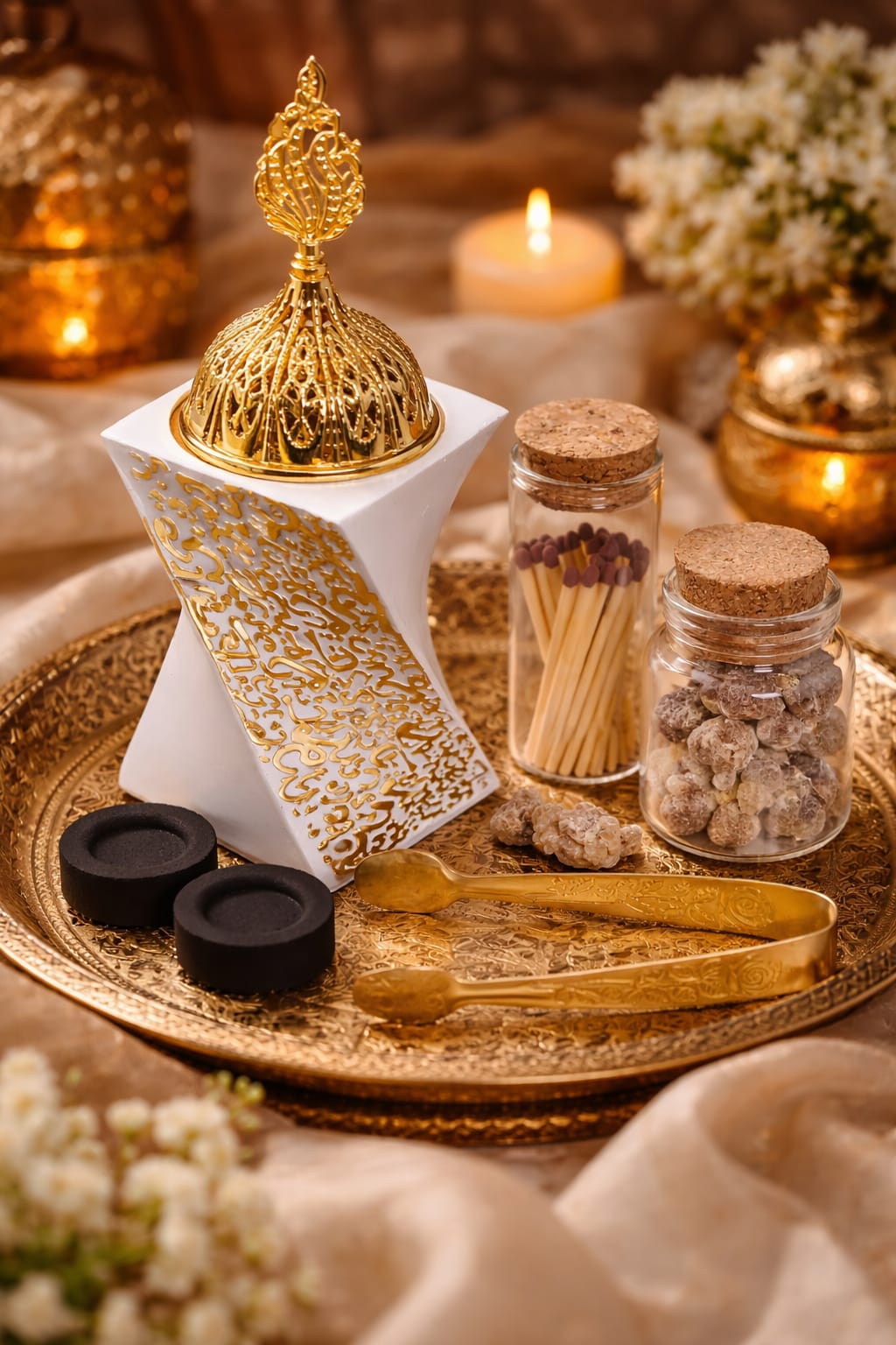 Arabic Incense Burner White Luxury Omani Luban Wellness Ritual Set