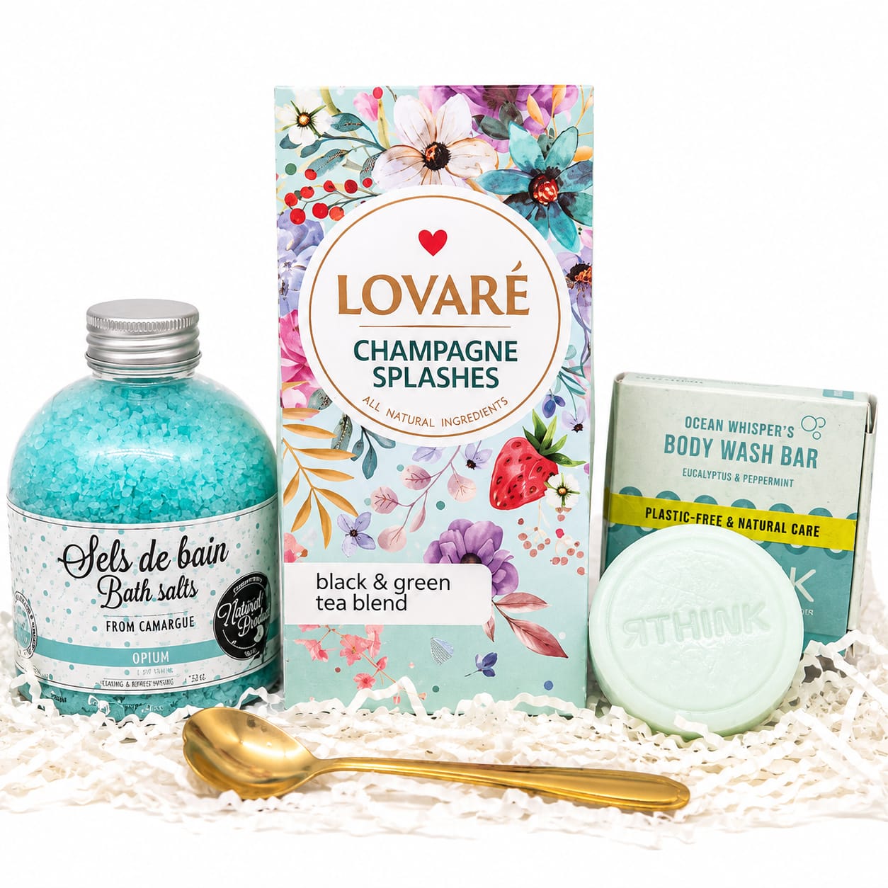 Luxury Wellness Gift Set – Champagne Splashes Tea, Opium Bath Salt & Eucalyptus Mint Shower Bar