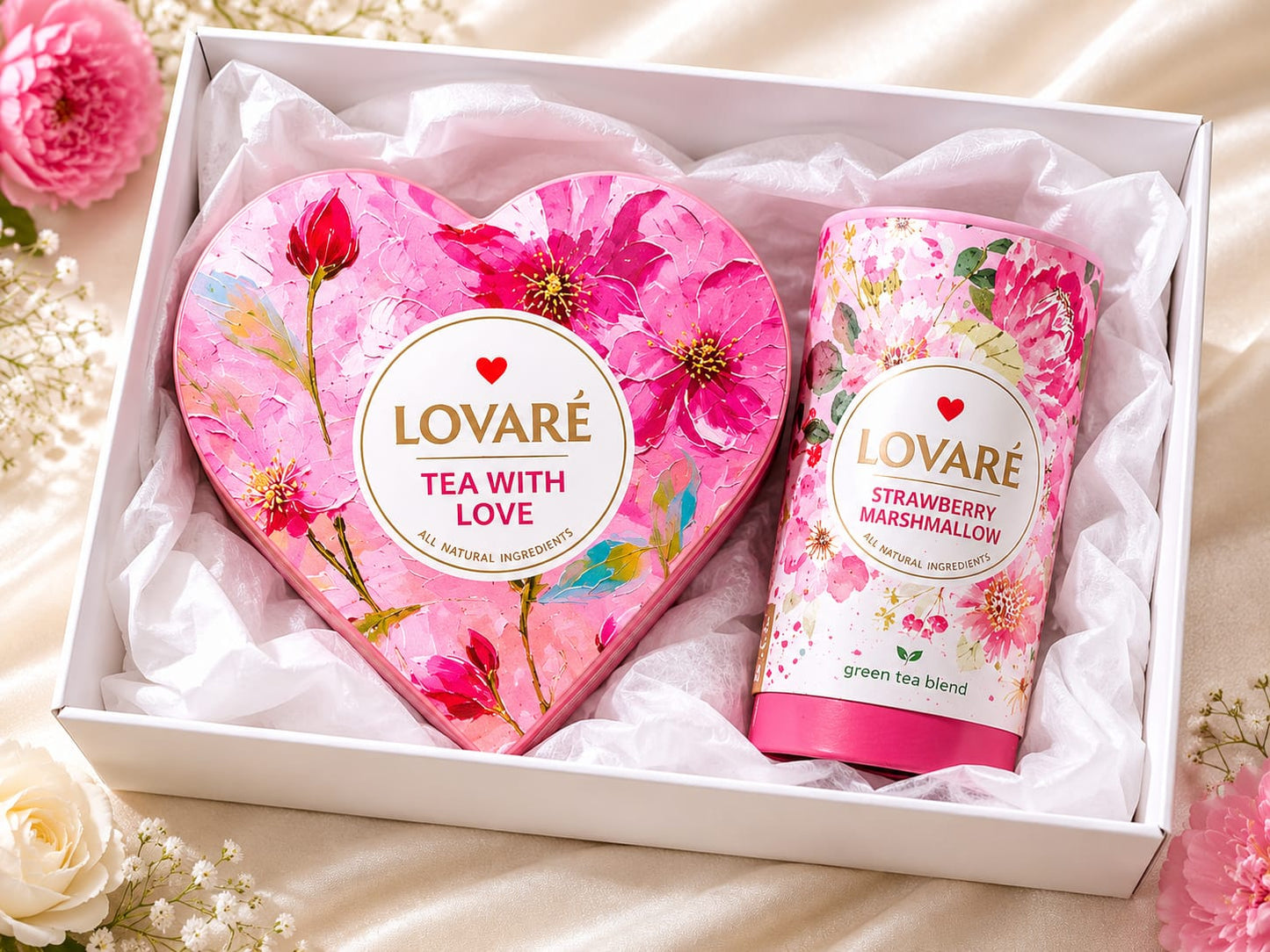 Lovaré Tea With Love Gift Set – Luxury Tea Gift Box & Strawberry Marshmallow Green Tea