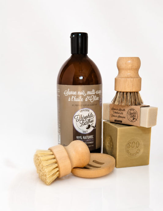 Premium Eco Cleaning Set – Natural Black Soap, Marseille Soap &amp; Wooden Brushes