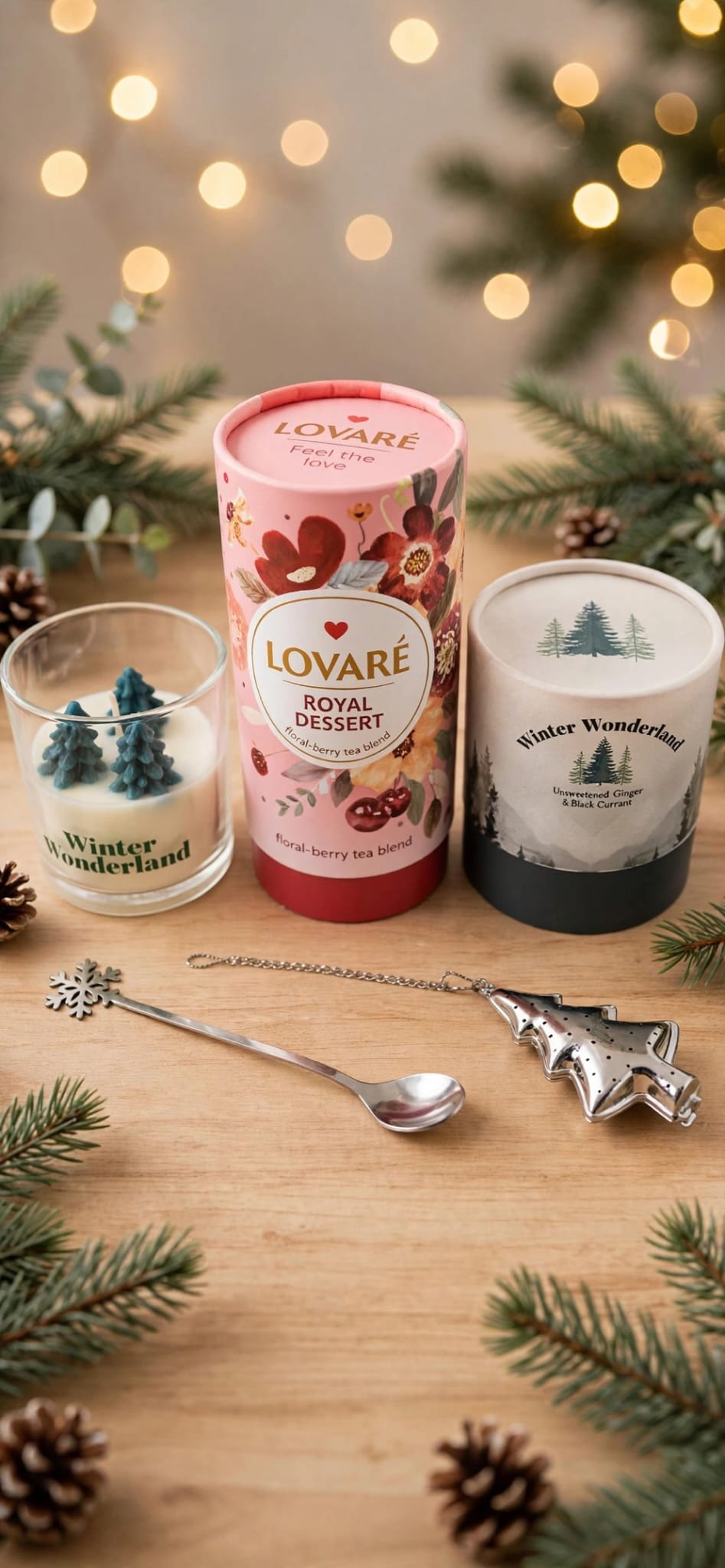 Luxury Lovaré Christmas Tea Gift Set with Candle & Gold Tea Infuser