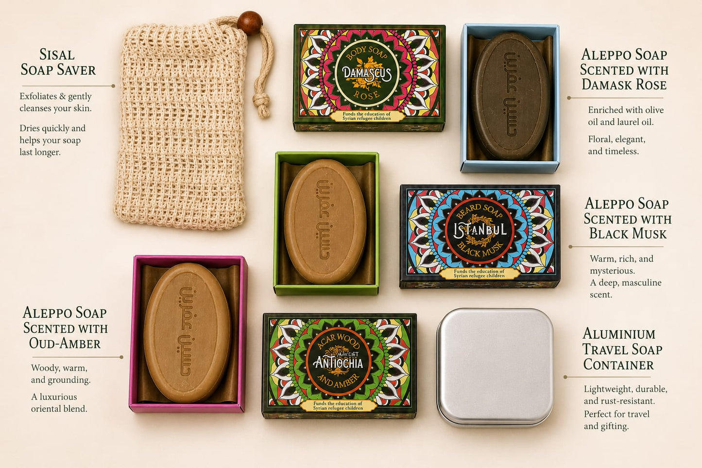 Aleppo Soap Scented with Damask Rose, Black Musk, Oud-Amber: Mix of all 3