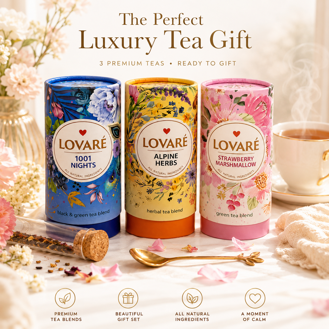 Luxury Tea Lover Gift Set – Premium Lovaré Tea Collection with Gold Spoon & Glass Tea Infuser