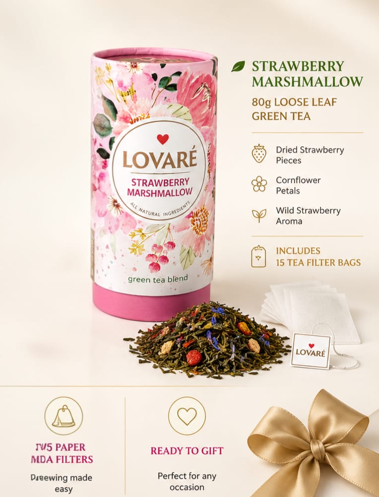Lovaré Strawberry Marshmallow Green Tea – Premium Loose Leaf Tea with Strawberry & Cornflower Petals