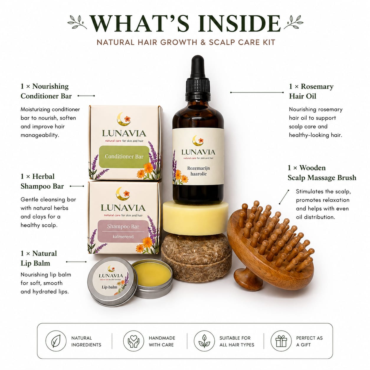 Natural Hair Growth and Scalp Care Kit – Rosemary Hair Oil, Shampoo Bar, Conditioner & Scalp Massage Brush