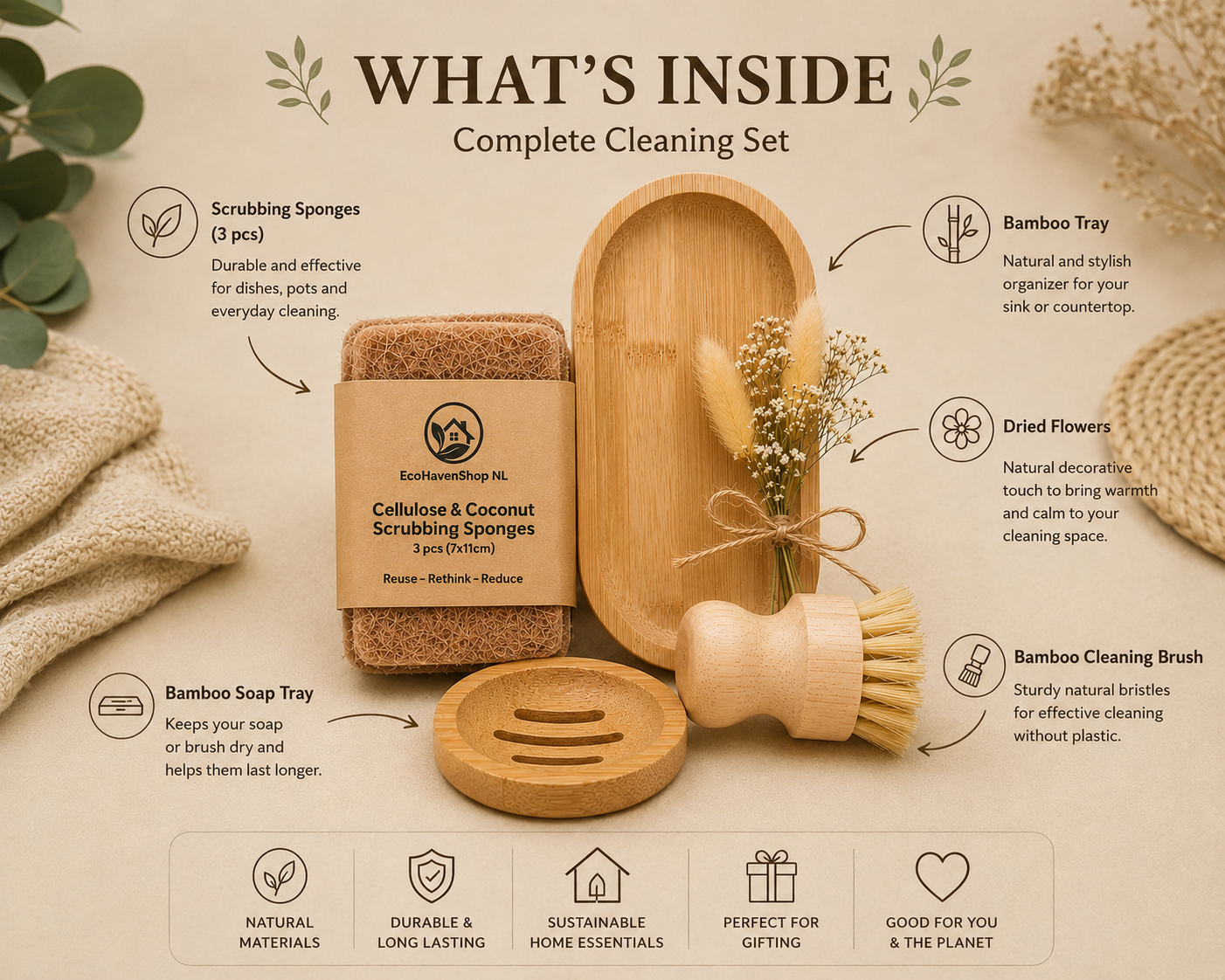 Eco Haven Keuken Cadeauset | Duurzame Schoonmaakset | Moederdag- &amp; Paascadeau | Bamboe Borstel &amp; Kokos Sponzen
