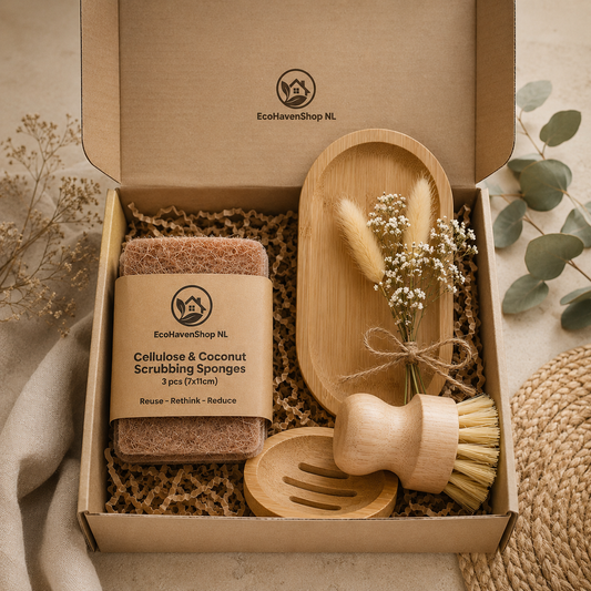 Eco Haven Keuken Cadeauset | Duurzame Schoonmaakset | Moederdag- &amp; Paascadeau | Bamboe Borstel &amp; Kokos Sponzen